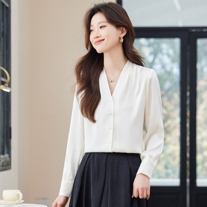 Women's Black V-Neck Shirt With Buttons Solid Color Polyester Poplin Office Wear - Product Image 2