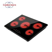 Table de cuisson vitrocéramique électrique 5 zones encastrable en verre noir avec double anneau de contrôle tactile et cuisson infrarouge