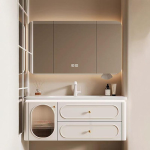 Modern smart white wall mounted bathroom <b>vanity</b> with <b>LED</b> smart mirror and storage drawers - Product Image 2