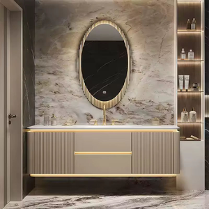 Mobile <span class=keywords><strong>Bagno</strong></span> Moderno Sospeso con Top in Quarzo e Ante Scanalate da 60 a 180 cm per Hotel e <span class=keywords><strong>Bagno</strong></span> Domestico - Product Image 2