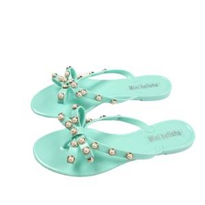 Women Flip-flops Studded Pearls <strong>Bow</strong> <strong>Sandals</strong> Summer Beach Rain Flat Thong Strap Jelly Shoes - Product Image 6