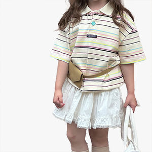 เสื้อยืดลำลองสไตล์เกาหลีสำหรับเด็กผู้หญิงแขนสั้นหลวมๆลายทางสีสันสดใสเสื้อโปโลแฟชั่น - Product Image 4