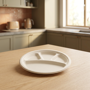 Assiette jetable ronde de 11 pouces à 4 compartiments en bagasse naturelle, écologique et biodégradable, en canne à sucre, pour la vente en gros - Product Image 5