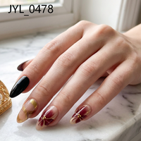 24 stuks Nude & Wijnrood Verloop Gouden Folie Amandelvormige ABS Decoratie Aanbrengbare Kunstnagels Herbruikbare DIY Manicure Tips