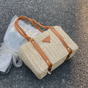 Ladies Summer Straw Bag Woven Handbag Rattan Basket Bucket Cross Body Beach Shoulder Bags With Scarves