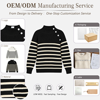 Sweater Rajut Wanita Grosir Model Ribbed Knit, Kerah Mock Neck Custom, Kancing Asimetris, Motif Garis Hitam Putih, Longgar