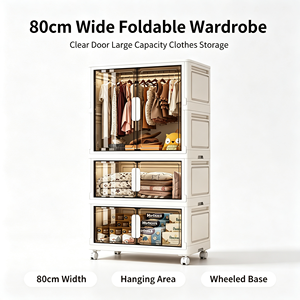 Armario de Plástico Plegable de 80 cm de Ancho con Ruedas, Puerta Transparente, Armario de Almacenamiento de Ropa Colgante para Dormitorio o Cuarto de Niños - Product Image 1