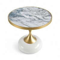Table d'appoint ronde en MDF imprimé motif marbre bleu-gris avec piétement en fer doré et base blanche pour salon, hôtel, OEM, ODM
