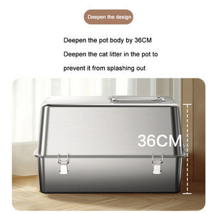 Bac à litière en acier inoxydable avec couvercle Bacs à litière en métal pour chat Bac à litière fermé Kitty Toilette pour chat à haute paroi avec pédale Non collant - Product Image 2