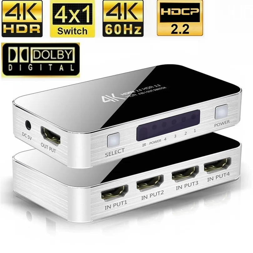 4K HDR HDMI 2.0 Switcher 4 Ports HDMI2.0 Switch 4 in 1 out 4K@60HZ HDCP 2.2 HDR10 remote control For PS5 pro Blue ray DVD Xbox