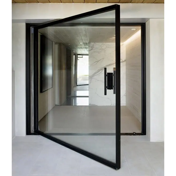 परिक्रामी एल्यूमीनियम दरवाजा ग्लास पैनल के साथ आधुनिक बाहरी प्रवेश द्वार धुरी कांच के एल्यूमीनियम प्रवेश द्वार के लिए दरवाजे