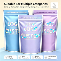 Sachet souple personnalisé en aluminium holographique de qualité alimentaire avec fermeture éclair refermable, imprimé avec logo personnalisé pour aliments
