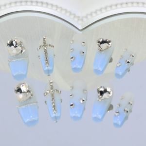 Uñas postizas de lujo con forma de ataúd largo, hechas a mano, con cobertura completa, acrílicas, con pedrería de estrellas, precio de fábrica al por mayor - Product Image 1