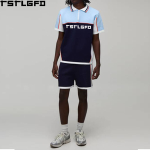 Cut And Sew Colorblock Polo Shorts <b>Set</b> Quarter Zip Contrast Piping Retro Sporty Two Piece Sweatset Wholesale Bulk - Product Image 1