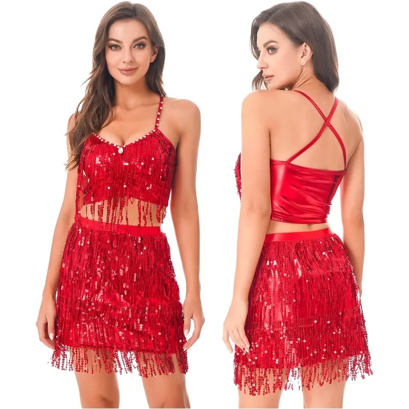 Womens Shiny Sequin Fringed Crop Top Rhinestone V Neck Camisole Elastic Waistband Tassel Skirt Belly Dance Performance Costume