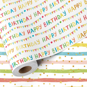Pastel Birthday Letter Decorative Wrapping <b>Paper</b> <b>Roll</b> Dual Face Striped Design For Children Holiday Birthday Gift Packing Supply - Product Image 4