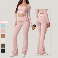 Custom Active Stretch Yoga Sets Unique Gym Pink Lovely Long Sleeve <strong>Crop</strong> <strong>Tops</strong> <strong>Workout</strong> Leggings Flare Yoga Pant Sets for Women