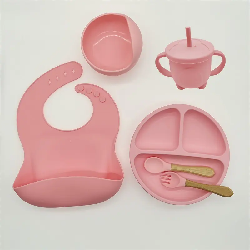 Hot Sale Kinder Abendessen Fütterung Besteck Sets Baby Lätzchen Saug schale Platte komplett Silikon Geschirr Entwöhnung sset für Babys