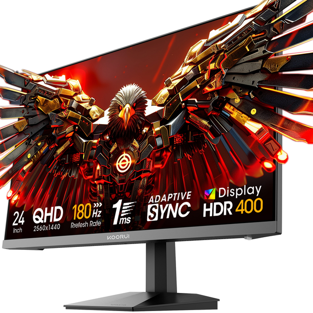 KOORUI Gaming Monitor 24" Fast IPS Computer Monitor 180Hz QHD HDR400 Display 1ms PC Screen Curved Monitors