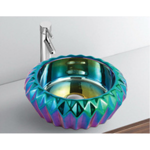 Lavabo en céramique rond coloré électroplaqué Ouni 410x410mm, à poser sur comptoir, style Art Déco - Product Image 4