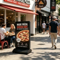 Kiosque portable d'extérieur à double face avec écran LCD haute luminosité (2000 nits), étanche IP65 et lisible en plein soleil, idéal pour les événements et festivals