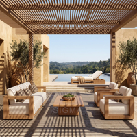 Ensemble de canapés de jardin en teck de luxe, directement de l'usine, canapé d'extérieur moderne avec table foyer, mobilier de patio pour villa, complexe hôtelier, cour.