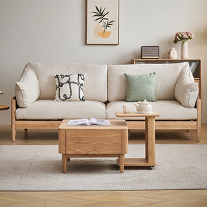 Sofá Nórdico de Madera Maciza, Moderno y Minimalista, de Madera de Fresno, de Tres Plazas, Tapizado en Tela, Multifuncional para Sala de Estar - Product Image 1