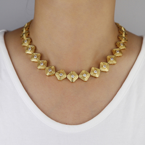 新款镀金时尚饰品套装镂空方形耳环铺装珠光CZ迷宫条纹项链手链饰品 - Product Image 5