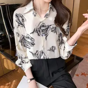 2024 nuevas blusas de mujer retro tinta sentido impresión viajero carrera tops nueva camisa suelta de manga larga