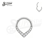 SUPERSTAR Anneau segmenté articulé en Titane ASTM F136, avec Zircone cubique (CZ) pavée et motif goutte d'eau, pour piercing de septum, nez et oreille