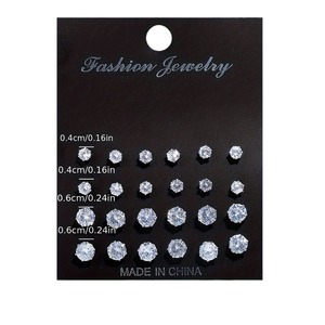 Juego de Aretes y Anillos Redondos de Aleación de Zinc con Circonita para Mujer, Engaste de Garra, Joyería para Fiesta, 12 Piezas, Hecho en China - Product Image 4