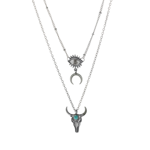 Conjunto de Collares Superpuestos Estilo Vaquero Bohemio Vintage con Colgantes de Iniciales, Cabeza de Toro y Luna Creciente - Product Image 2