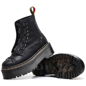 Lace-up double-strap thick-soled 8-hole locomotive <b>boots</b> with front zipper Short <b>boots</b> with top made of lychee-patterned fabric - Product Image 2
