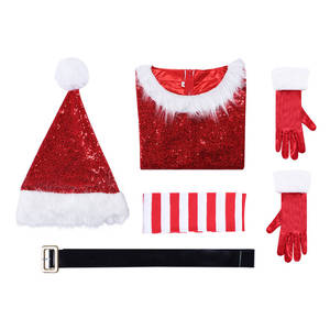 Ensemble de robe de Noël à paillettes avec chapeau, gants, ceinture, bas rayés à hauteur de cuisse, costume de cosplay rouge - Product Image 1