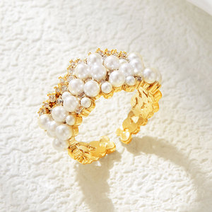 MyMuyu Pearl Zirconia <b>Open</b> <b>Ring</b> Adjustable Wave Flower Design Wedding Fashion <b>Ring</b> - Product Image 4