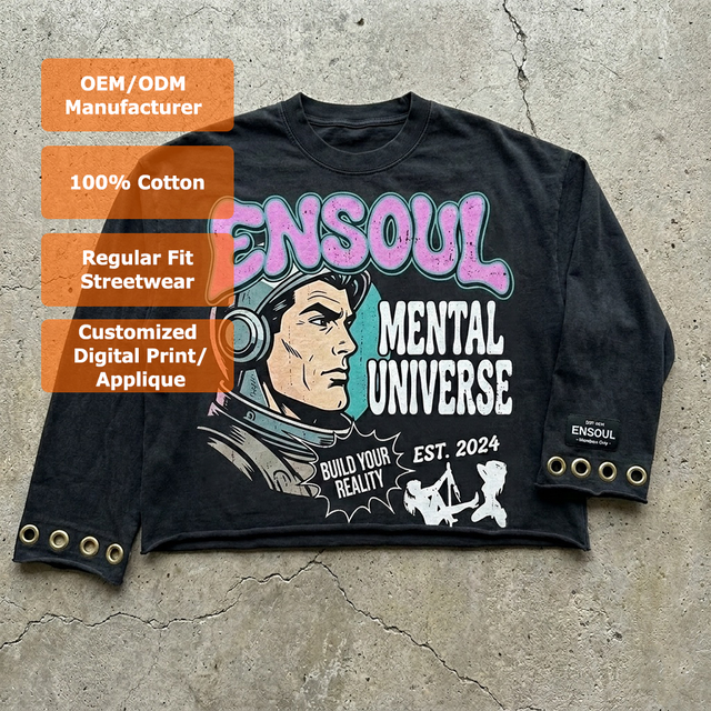 Custom Manufacturer Boxy Fit Streetwear Long Sleeve 100% Cotton Vintage Washed Digital Print Cartoon Eyelet Fashion Men T-shirts