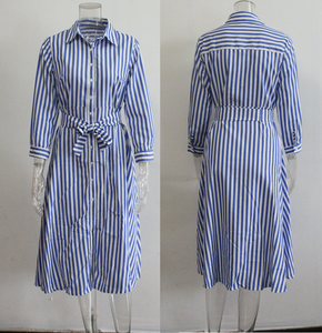 Robes chemise décontractées pour femmes à rayures coréennes de haute qualité, longueur genoux, manches longues, avec ceinture à la taille - Product Image 2