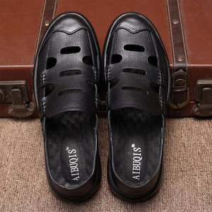 Men's Genuine Leather <b>Slip</b>-On Open Toe Breathable Casual Summer Sandals Rubber Outsole Solid Pattern Rubber Printing Logo - Product Image 2