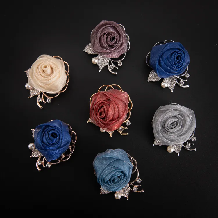 Korean rhinestone alloy pearl fabric jewelry teacher brooch saree dress suit decoration pin rose flower brooches