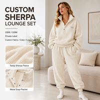 Ensemble de détente pour femme en polaire sherpa à marque privée, pull à fermeture à boutons et pantalon de jogging à revers côtelés, ensemble de vêtements d'intérieur d'hiver