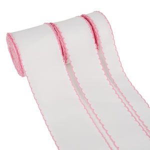<span class=keywords><strong>Ruban</strong></span> gros-grain blanc en dentelle crochetée <span class=keywords><strong>avec</strong></span> points de lune et points bouclés roses pour la confection d'accessoires capillaires pour filles - Product Image 1