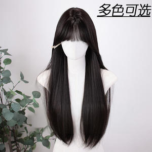 Peluca natural de cabello largo y liso con flequillo lateral, fibra Kanekalon, encaje transparente para mujer - Product Image 4