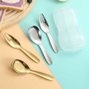 Stainless Steel Children's Spoons And Forks Set Portable Feeding Utensils For Babies 0-12 Months Bpa Free Two <b>Fold</b> Case - Product Image 1