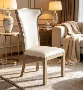 Modern White Leather Dining Chair, High-Back Upholstered Side Chair with Light Oak Wood <b>Frame</b> - Product Image 2