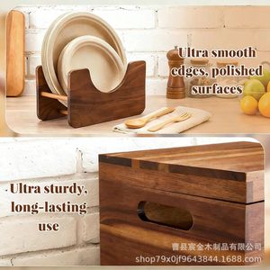 Wooden Paper <b>Plate</b> Holder Square Desktop Storage <b>Rack</b> With Lid Easy To Use For Tableware - Product Image 2