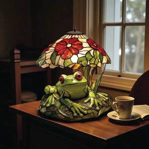 Frog And Flower Stained Glass Table Lamp E26 Led <b>Bulb</b> Switch Control Resin Animal <b>Decor</b> Night <b>Light</b> For Bedroom Living Room - Product Image 1