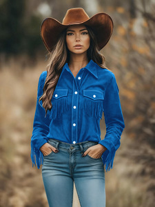 <span class=keywords><strong>Giacca</strong></span> di Jeans con Frange in Stile Western per Donne, <span class=keywords><strong>Camicia</strong></span> Slim Fit Vintage Stile Cowboy - Product Image 4