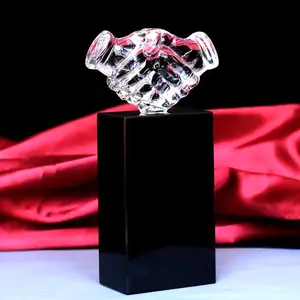 Custom transparent glass corporate award hand shake trophies laser engraved logo clear crystal handshake trophy