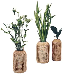 新稻草编织玻璃干花瓶花日本风格花瓶创意水植物花盆书桌装饰装饰品