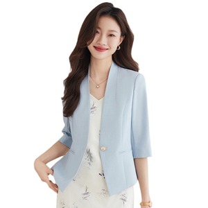 Women's Collarless Blazer White Solid Color Polyester Breathable Summer Style Short Professional Suit Set - Product Image 5